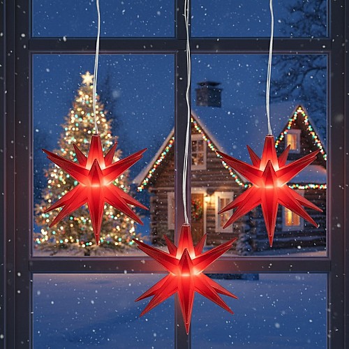 Декоративні LED-зірки з голографічним ефектом 3D LightZone на батарейках (діаметр 34 см) червоні