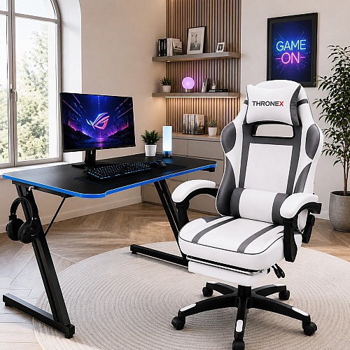Комплект для геймера ThroneX – ергономічне крісло з екошкіри біле з графітом + стіл з синьою вставкою
