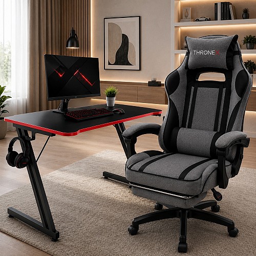Комплект ThroneX Gaming Set: геймерське крісло з тканини темно-сіре та комп'ютерний стіл з червоними вставками (linen 008)