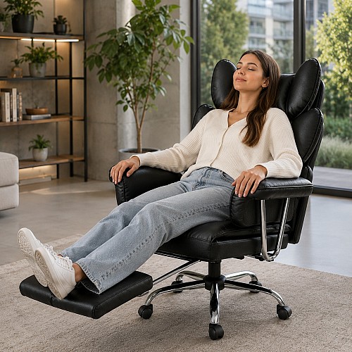 Офісне крісло Relax Pro до 150 кг з підставкою для ніг, широким сидінням, подвійним наповнювачем KO50CZ чорне комп'ютерне крісло