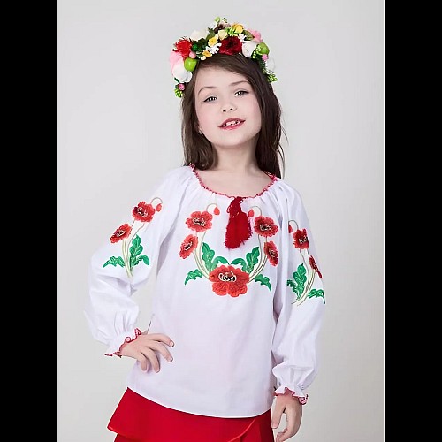 Вишита блузка з маками в українському стилі Марічка, біла, бавовна, довгий рукав, на дівчинку 4,5,6,7,8,9 років