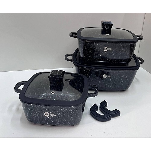 Набір квадратних каструль Higher Kitchen HK-323 Чорний із силіконовими кришками.