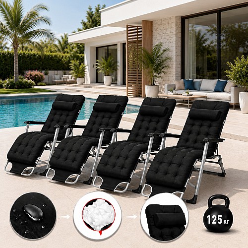 Комплект садових пляжних крісел Ideal Garden Premium з матрацом та подушкою, до 125 кг, чорний, шезлонг для саду та тераси, 4 шт