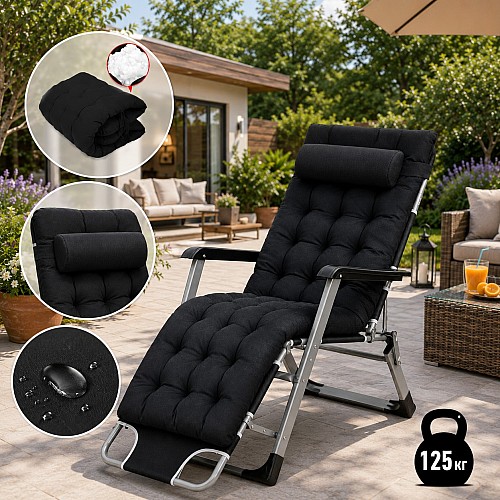 Садове пляжне крісло Ideal Garden Premium з матрацом та подушкою, до 125 кг, чорний, шезлонг для саду та тераси