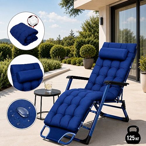 Садове пляжне крісло Ideal Garden Premium з матрацом та подушкою, до 125 кг, синє, шезлонг для саду та тераси