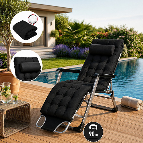 Садове пляжне крісло Ideal Garden з матрацом та подушкою, до 90 кг, чорний, шезлонг для саду та тераси