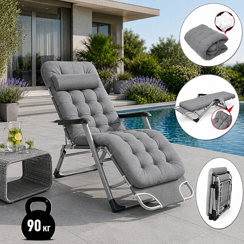 Садове пляжне крісло Ideal Garden з матрацом та подушкою, до 90 кг, сірий, шезлонг для саду та тераси