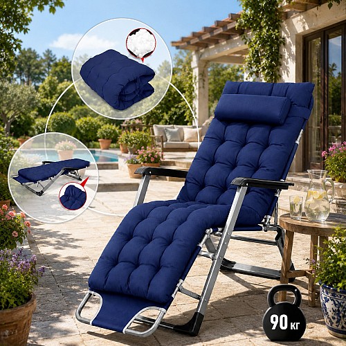 Садове пляжне крісло Ideal Garden з матрацом та подушкою, до 90 кг, синє, шезлонг для саду та тераси